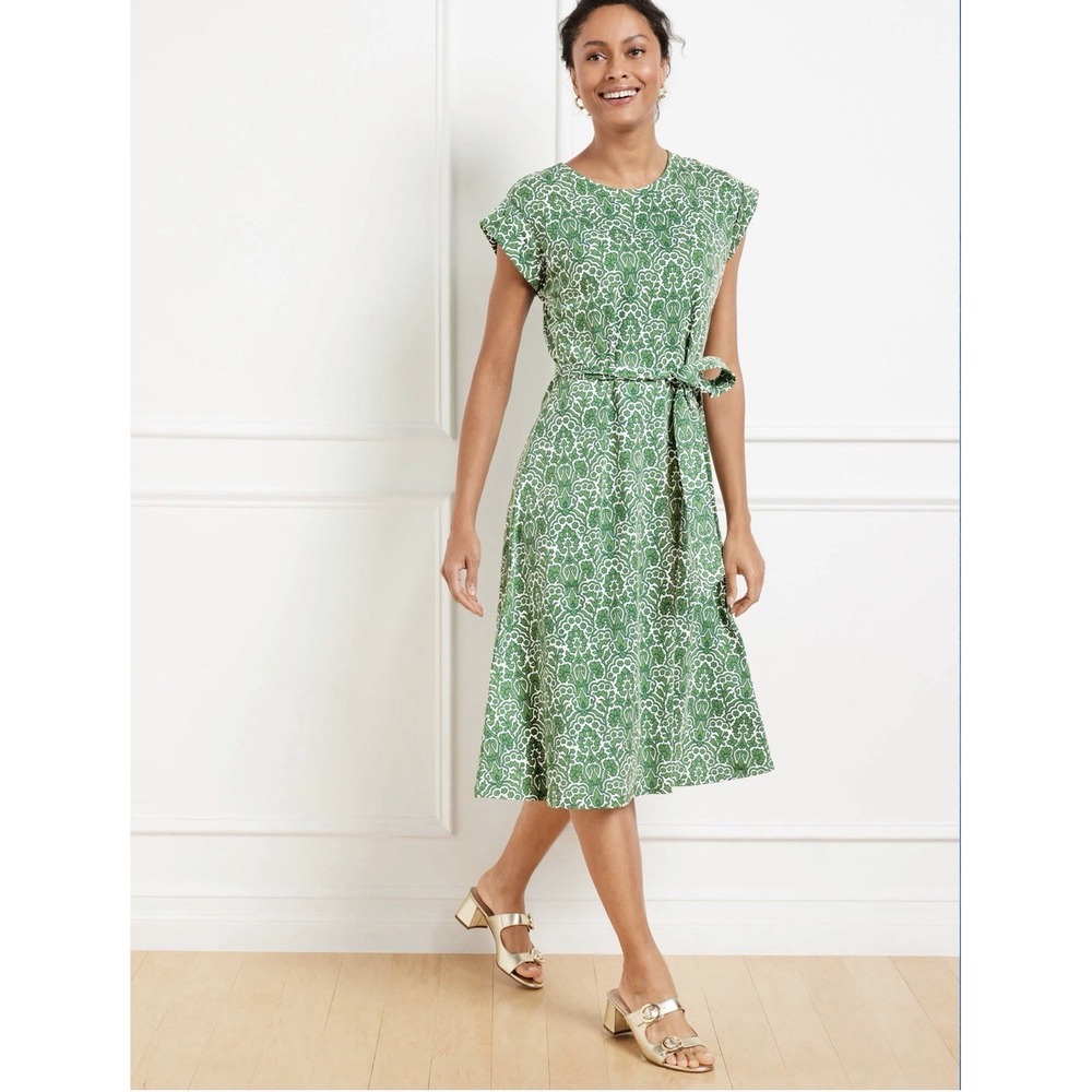 NWOT Talbots Fit & Flare Midi Dress Woodland Damask Green‎ XL Casual Workwear